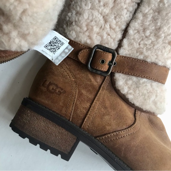 Last Chance! UGG Boots S-8.5 Blayre Lodge Chestnut Suede Side Zipper Shearling - Picture 2 of 4